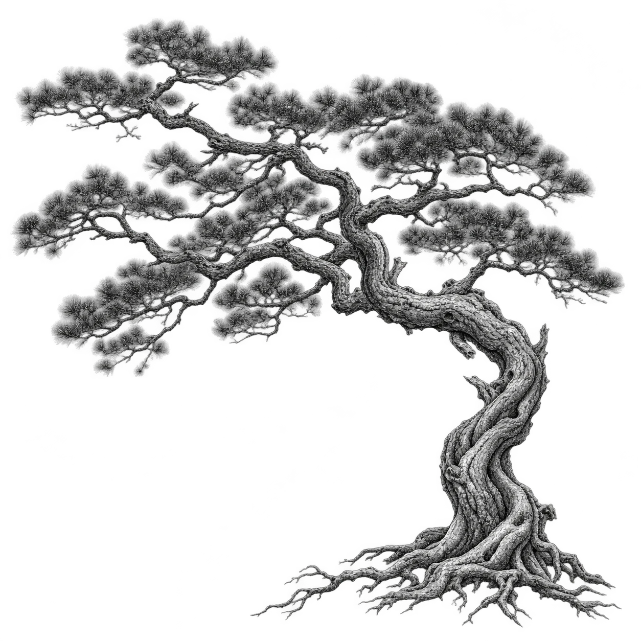 An original ink drawing of a windswept pine, its branches reaching into open space.